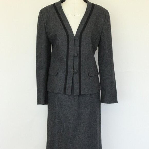 Vintage 1980s Womens Suit, Russ Gray Wool Skirt And Jacket, Shoulder Pads Braid - Picture 3 of 10